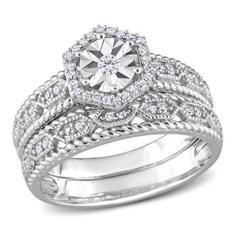 Amour 1/4 CT TW Diamond Hexagon Halo Bridal Ring Set In Sterling Silver