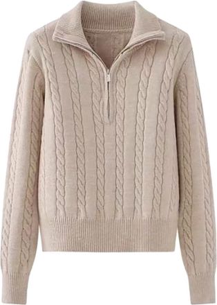 Generic Quarter Zip Jumper Women Trendy Cable Knit Polo Neck Jumpers Winter Thermal Warm Knitted Sweaters Vintage Turtleneck Sweaters 1/4 Zip Pullover Sweater