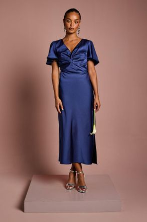 Oasis Womens Petite Satin Twist Angel Sleeve Midi Bridesmaids Dress - Navy - Size 14 UK