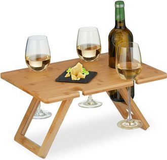 Relaxdays Relaxdays Picnic Wine Tray, Rectangular, Folding, 20x40x30 cm, Drinks Holder for 4 Glasses & 1 Bottle, Bamboo, Natural
