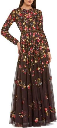 Mac Duggal Long Sleeve Floral Embellished Evening Gown in Espresso Multi at Nordstrom, Size 10
