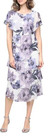 S.L. Fashions Floral Ruffle Tier Chiffon Midi Dress in Ivo/Blue at Nordstrom, Size 14