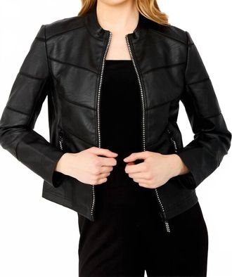 Frank Lyman Design Womens Faux Leather Bling Zip Jacket In Black
