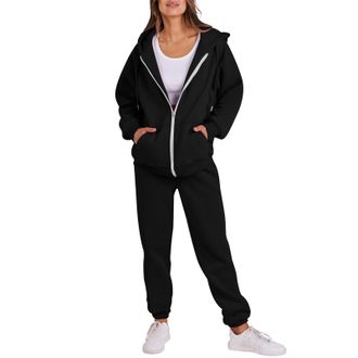 Generic Tracksuit Womens Full Set 2 Piece Outfits Full Zip Long Sleeve Hoodies Jackets with Pockets and Cuff Sweatpants Contrast Color Fall Winter Co Ord Sets
