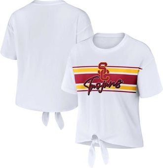 WEAR by Erin Andrews Womens WEAR by Erin Andrews White USC Trojans Striped Front Knot Cropped T-Shirt at Nordstrom, Size Xx-Large