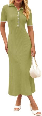 Merokeety Womens V Neck Ribbed Knit Maxi Dress Button Short Sleeve Slim Fit Bodycon Sweater Dress, Seagrass, S