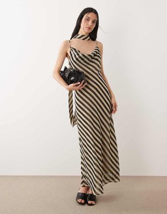 Mango Vestito lungo beige e nero a righe con spalline sottili e scollo rotondo con dettaglio foulard-Neutro