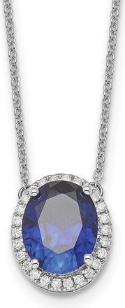 Diamond2Deal 14k White Gold Oval Created Sapphire and Diamond Halo Pendant Necklace