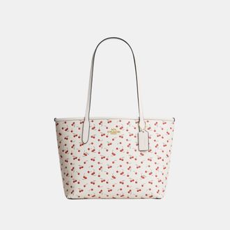 Coach Womens Medium City Tote Bag With Cherry Print - White Leather - One Size