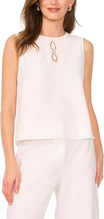 Vince Camuto Sleeveless Crew Neck Blouse with Center Embroidery Womens Clothing Ultra White : XL, Nylon/Rayon