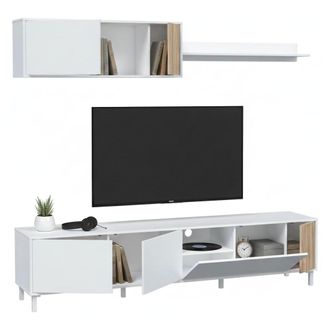 Dmora Dmora - Mueble Tv Woonsocket, Mueble Sal&oacute;n Con Puertas, Mueble Colgante Con Balda, Aparador Multiusos, 200x40h47 Cm, Blanco Y Roble