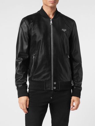 Philipp Plein Leather Bomber Jacket with College Collar and Zip Pockets