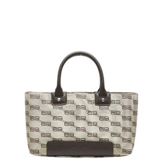 Balenciaga Pre-owned Tote Bags, female, Beige, Size: ONE SIZE Pre-owned BB Logo Canvas Leather Tote Bag