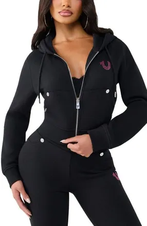 True Religion Crystal Logo Shrunken Full Zip Hoodie in Jet Black at Nordstrom, Size Xx-Large