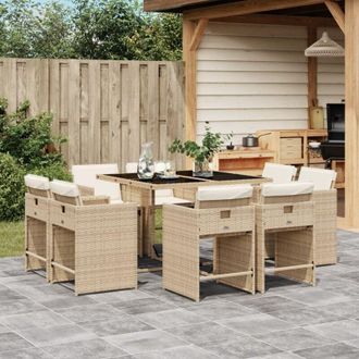 vidaXL Set Comedor De Jard&iacute;n 9 Pzas Con Cojines Rat&aacute;n Sint&eacute;tico Beige Vidaxl