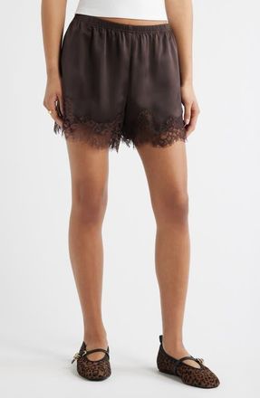 Open Edit Lace Trim Satin Shorts in Brown Seal at Nordstrom, Size Xx-Small