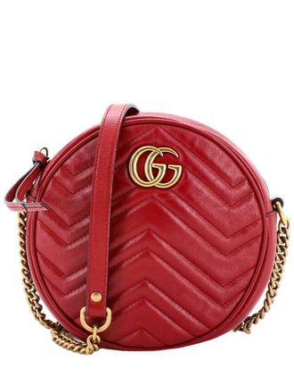 Gucci Red Sheep Leather GG Marmont Round Shoulder Bag Matelasse Mini (Authentic Pre-Loved)