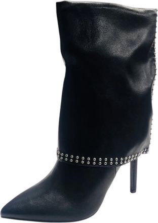 Generic Womens Mid Calf Pointed Toe Studded Fold Over Zip Stiletto Heel Fashion Boots (Black, One Size, UK Footwear Size System, Adult, Women, Numeric, Medium