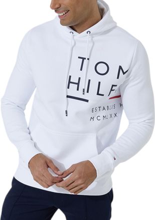 Tommy Hilfiger Mens Fleece Hoodie Wraparound Logo Pullover Hooded Crew Neck Top - White Cotton - Size X-Large