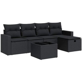 vidaXL Set De Sof&aacute;s De Jard&iacute;n 6 Piezas Y Cojines Rat&aacute;n Sint&eacute;tico Negro