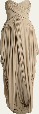 Balmain Strapless Draped Slit Gown