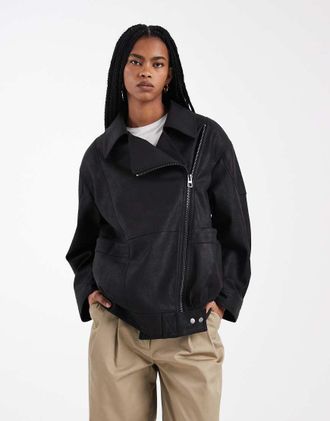 Asos Giacca biker oversize anni 80 in pelle sintetica nera-Nero