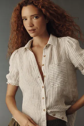Pilcro Aly 100% European Linen Puff-Sleeve Blouse
