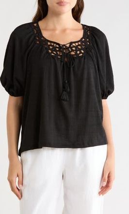 Max Studio Split Neck Puff Sleeve Top in Black at Nordstrom Rack, Size X-Large