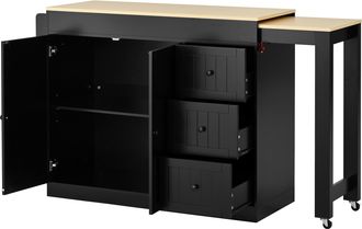 STILVORA Carro De Cocina Con 3 Cajones, Estante Para Especias, Encimera Extensible Y Ruedas, En Mdf, 112-186.8 X 45 X 93 Cm, Negro