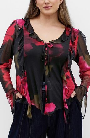 City Chic Vivid Mesh Ruffle Top in Vivid Garden at Nordstrom