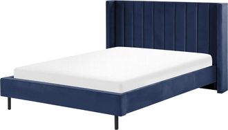 Beliani Cama Con Somier De Terciopelo Azul Marino 160 X 200 Cm Listones Moderno Villette