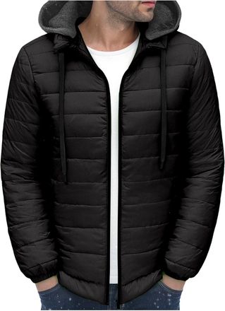 Generic Mens Lightweight Jackets Water Repellent Padded Puffy Jacket for Men Full Zip up Hoodies with Removable Hood Autumn Winter Coats for Work Casual