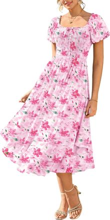 Grace Karin Women Summer Floral Dress Puff Sleeve Square Neck Smocked A-line Maxi Dresses for Women UK Pink XXL