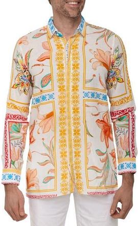 Ranee&rsquo;s Extra Trim Fit Print Linen & Cotton Button-Up Resort Shirt in White at Nordstrom Rack, Size Xx-Large