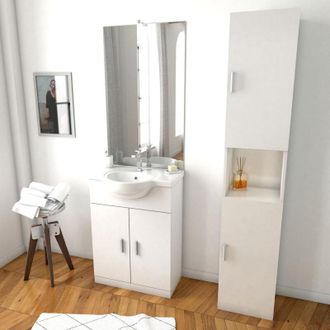 Aurlane Aurlane - Set da bagno bianco 60 cm + lavabo in ceramica bianca + specchio led + colonna con 2 ante