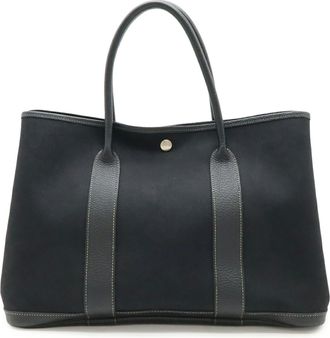 Herm&egrave;s Garden Black Toile Officier Leather Handbag Tote Bag (Pre-Owned)