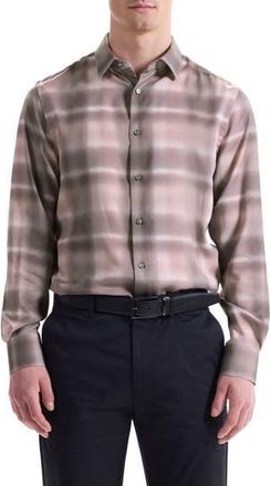 Bugatchi Julian Shaped Fit Abstract Check Lyocell Button-Up Shirt in Wood Rose at Nordstrom Rack, Size Xx-Large