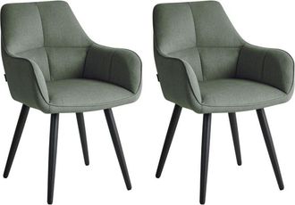 Beliani Set of 2 Dining Accent Chairs Green Faux Linen Upholstery with Armrests Metal Base Modern Design TIRANO