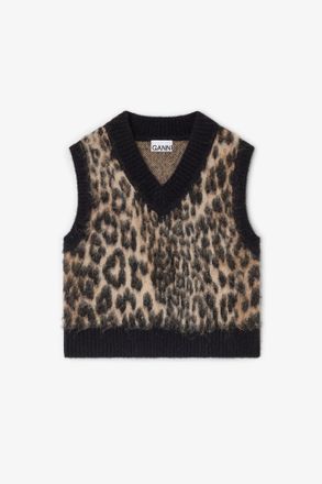 Ganni Mixed Leopard V-neck Vest - Size XS Alpaca