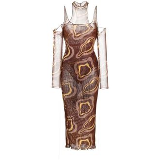 Julfer Abstract Print Halternek Midi Jurk - Dames - Casual kleedjes - Bruin - XS - Kleedjes