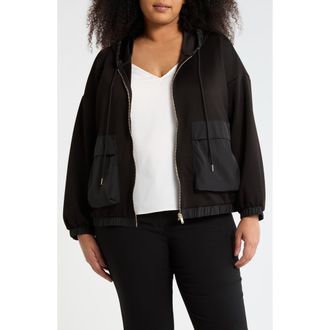 T Tahari Mixed Media Full Zip Hoodie in Black at Nordstrom Rack, Size 1 X