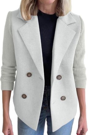 Generic Blazers for Women UK Wool Blend Blazer Jacket with Patchwork Knit Sleeves Ladies Double Breasted Notched Lapel Suits Elegant Relaxed Fit Casual Work O