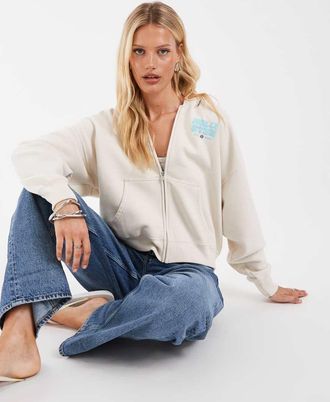 Hollister Felpa con cappuccio color crema con zip e stampa sul retro-Bianco