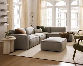 Castlery Jonathan Extended Side Chaise Sectional Sofa Right Facing with Ottoman, Performance Twill Dove Grey, Modular, Low-Profile, Castlery