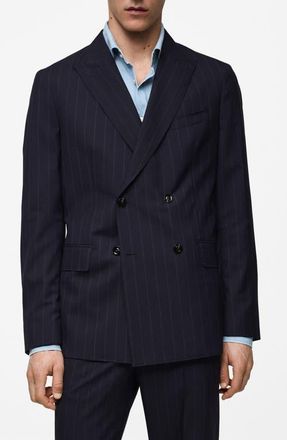 Mango Double Breasted Pinstripe Virgin Wool Blazer in Dark Navy at Nordstrom, Size 42