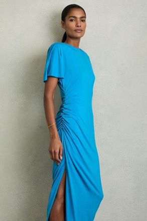 Reiss Bright Blue Tulia Modal-Blend Ruched Midi Dress - Figure Flattering Soft Jersey