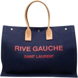 Saint Laurent Pre-owned Tote Bags, female, Blue, Size: ONE SIZE Pre-owned Rive Gauche Canvas Leather Tote Bag