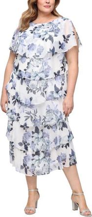 S.L. Fashions Floral Capelet Tiered Midi Dress in Ivory/Blue at Nordstrom, Size 14W