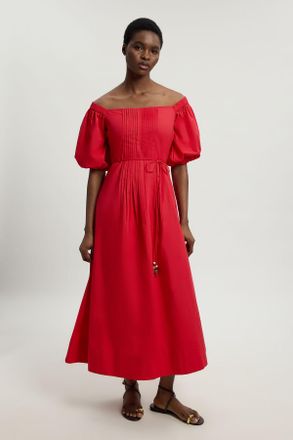 Karen Millen Womens Bead Detail Cotton Poplin Bardot Midi Dress - Red - Size 10 UK