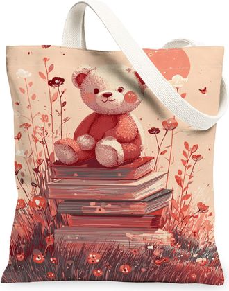 Generic Floral Bear Canvas Tote Bags, Vintage Animal Pattern Reusable Grocery Bags, Summer Lightweight Washable Shoulder Strap Canv, Red, 13x15 Inch